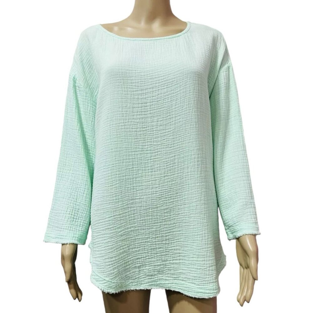 Mododoc Women Top Blouse Small Size 3/4 Sleeves Green 100% Cotton